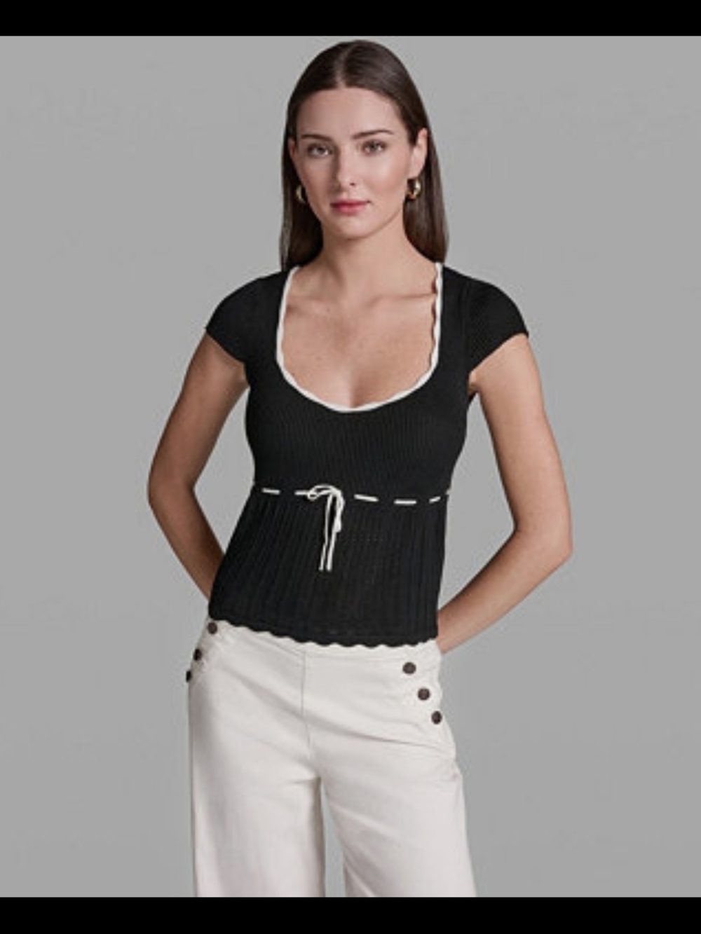 BCBG Ribbed Scoop-Neck Knit Stretch Top with Contrast Trim